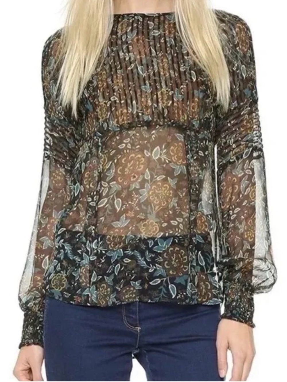Veronica Beard Tooley 100% Silk Long Sleeve Floral Sheer Blouse Top Size 8 M